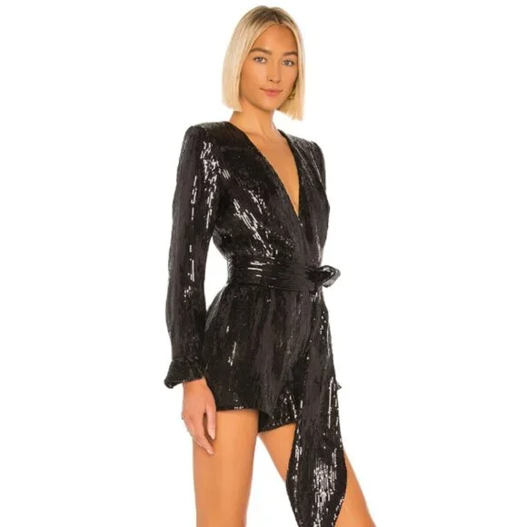 Retrofete Katherine Black Sequin Tie Waist Plunge Long Sleeve Romper